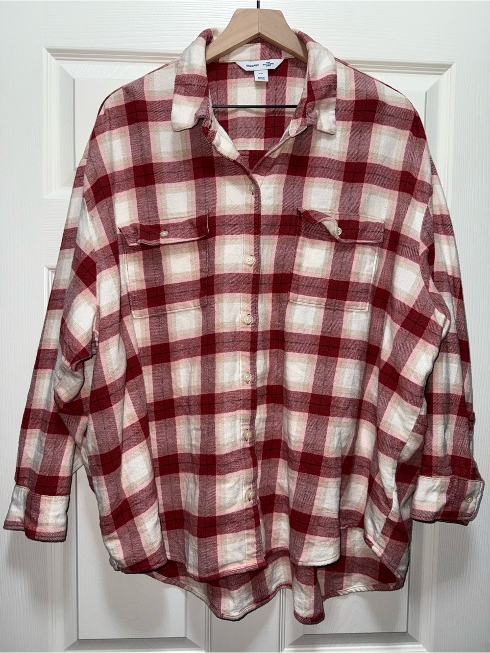 100% Cotton Old Navy XXL Boyfriend Shirt Red Pink Plaid Oversized Flannel